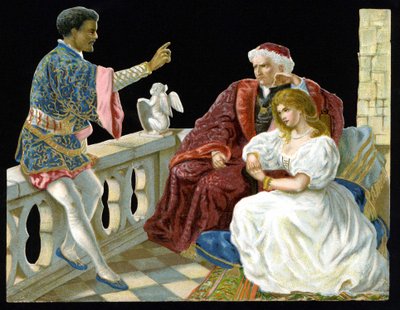 Othello, Desdemone and Iago - in Othello or the Moor of Venice”” by Shakespeare (1604). Chromolithography of the 19th century.”” av Unknown artist