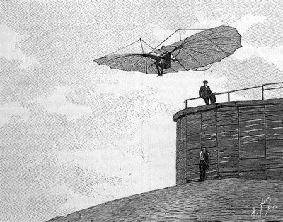 Otto Lilienthal (1848-1896), German aeronautics pioneer, leaping from his wooden tower with his flying aircraft (from an instant photograph). Engraving in “” La Nature: revue des sciences et de leurs applications aux arts et a l