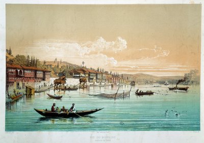 Det osmanske riket: "" utsikt over Bosporos i nærheten av Bebek i Tyrkia"" Fiskescener. Gravering av Paris fra 1800-tallet, dekorativ kunst av Unknown artist