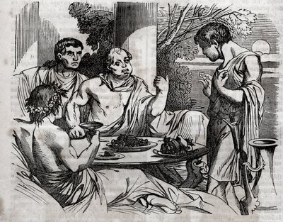 Utendørs bankettscene - Vitellius (Aulus Vitellius Germanicus Imperator Augustus) romersk keiser (15-69) gir en fest - gravering i "" The Universal Health - Medical Guide for Families"" 1852 av Unknown artist
