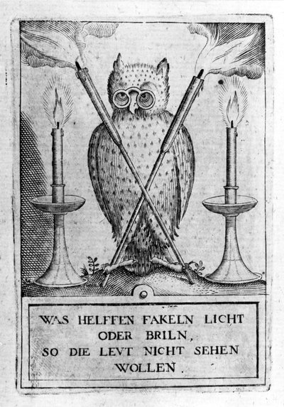 Ugle med briller, symbol på visdom. Gravering av "Amphitheatrum sapientiae aeternae". (Amfiteater for evig visdom) (Hamburg: nn av Unknown artist