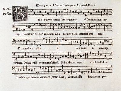 Side med partituret til Beati quorumsalme XIII av Willaert (1538) av Unknown artist