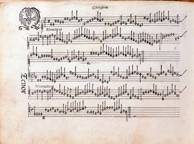 Side med musikalsk partitur av Harmonice Musices Odhecaton av Ottaviano Petrucci (1501) av Unknown artist