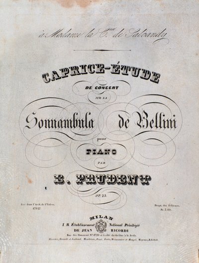 Side av notene til en Caprice-studie for piano av Emile Prudent basert på La sonnambula av Vincenzo Bellini av Unknown artist