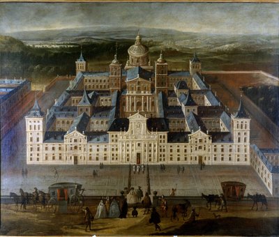 Maleri som viser Palace of Escorial eller Escorial i Spania. sd. 1600-tallet. Museo del Castello. Milan av Unknown artist