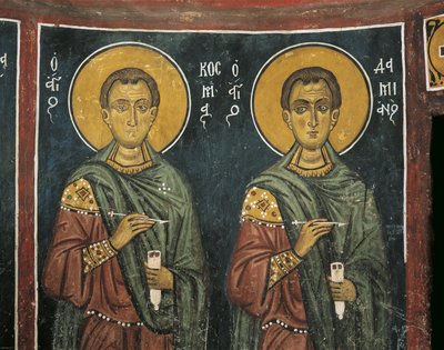 Malerier av St. Cosmas med St. Damian, Panagia Ties Asinou-kirken, Nikitart, Kypros av Unknown artist