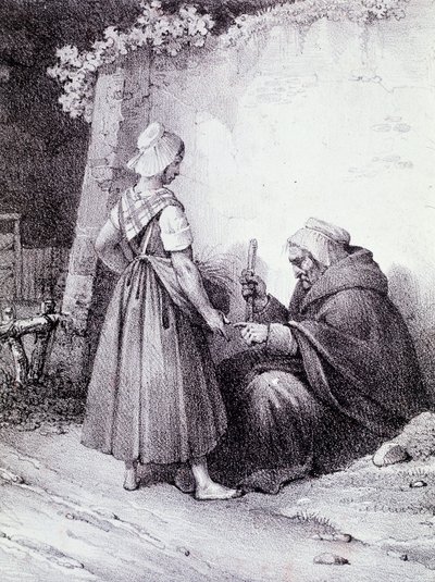 Palmistry: en gammel spåkone leser hånden til en ung jente (gravering) av Unknown artist