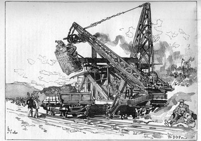 Panama Canal works. Main machines: Osgood excavator. Engraving in “” Le Monde Illustré”” av Unknown artist