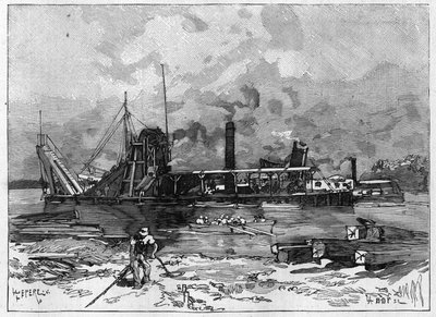Panama Canal works. Main machines: a dredge and its valve. Engraving in “” Le Monde Illustré”” av Unknown artist