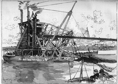 Panama Canal works. Main machines: the great American dredge. Engraving in “” Le Monde Illustré”” av Unknown artist