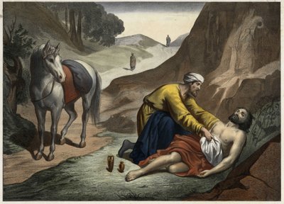 Parable of the Good Samaritan - The parable of the Good Samaritan: the Samaritan stopped on his way to rescue the dying man. Anonymous engraving from the middle of the 19th century. av Unknown artist