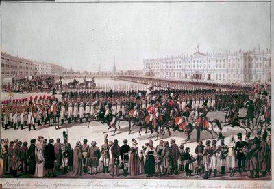 Parade av det russiske infanteriet. Trykk fra begynnelsen av 1800-tallet. av Unknown artist