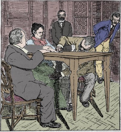 Paranormale fenomener: opplevelse av å heve et bord i Milano i 1892 i nærvær av mediet Eusapia Paladino og Cesare Lombroso (1835-1909) og Charles Richet (1835-1909). av Unknown artist