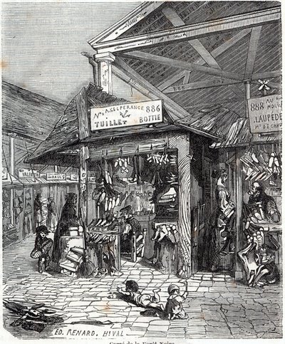 Paris 3. arrondissement - Carre de la Foret-Noire: salg av skinn og sko i Le Carreau du Temple på 1800-tallet - Gravering i "" Tableau-de-Paris"" av Edmond Texier av Unknown artist