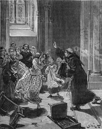 Paris, Church Sainte Genevieve (Sainte-Genevieve) (1599): a Capuchin monk trying to exorcise a woman, Martha, claiming to be possessed by the Devil. Engraving of the 19th century. In “Histoire de France” by Jules Michelet av Unknown artist