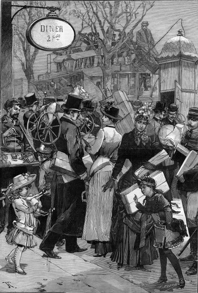 Paris: Pakkeuke: Parisere handler og kjøper leker til julegaver. Gravering i "" Le Monde Illustré"" av Unknown artist