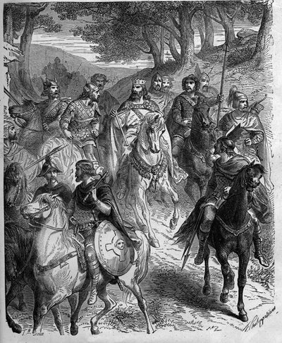 Passasje av Alpene av Charlemagne (747-814), kongen av frankene. Karl den Store underkaster langobardene. Gravering i "" Histoire De France En Cent-malerier av Paul Lehugeur "" 1891. av Unknown artist