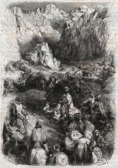 Passasje av Pyreneene av maurerne - gravering av 1851 fra "" Furious Roland"" (Orlando furioso) (1500-tallet) av Ludovico Ariosto, kjent som Ariosta - Utgave oversatt fra italiensk av greven av Tressan og utgitt av Gustave Harvard 1851 av Unknown artist