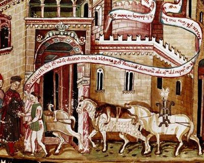 Betaling av saltavgiften ved inngangen til byen (gabelle) Miniatyr fra manuskriptet (Ms. H V-5) "Codex de Privileges"" av Unknown artist