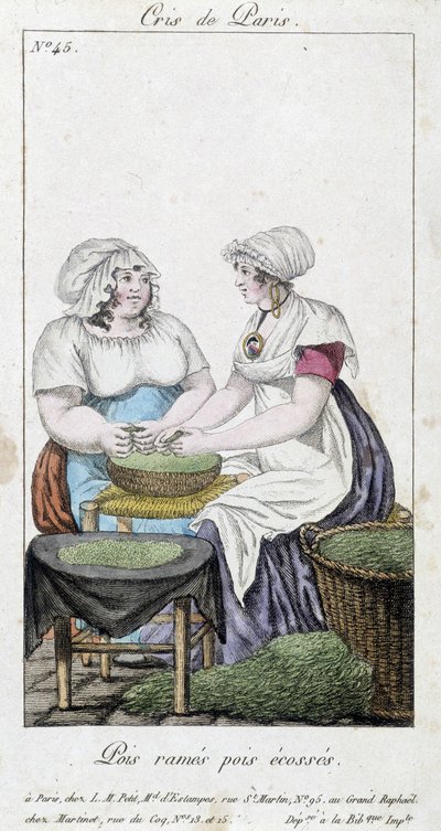 Ertehandlere: to kvinner som feller erter. “” Row erter, skotske erter” - i “” Cris de Paris””, deb. 1800-tallet av Unknown artist