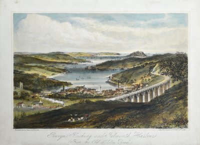 Penryn, Flushing og Falmouth Harbors (fra Old Helton Road), ca. 1860-80 (farget litho på papir) av Unknown artist