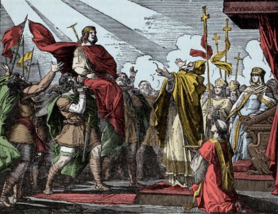 Pepin utropt til konge av frankerne - Sakra for Pepin the Brief (714-768), Basilica of Saint Denis, 28. juli 754: Pave Stefan II innviet ham til konge av frankerne og Patrice av romerne (Patricius Romanorum) av Unknown artist