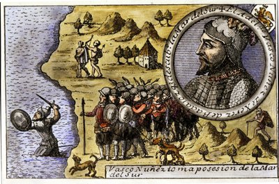 Fremførelse av Vasco Nunez de Balboa (1475 - 1517), spansk navigatør som var en av de første som oppdaget Stillehavet ved å krysse Darienstredet. Gravering av Unknown artist