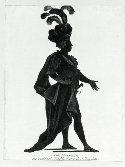 Fremførelse av den italienske kastraten Luigi Marchesi (1754 - 1829) også kjent som Marchesini-sang på teatret i San Benedetto. av Unknown artist