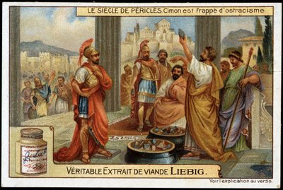 Perikles århundre (495-429 f.Kr.): statsmann og strategi Cimon (510-449 f.Kr.) blir truffet av utstøting, i 461 f.Kr. - Liebig-kromolitografi av Unknown artist