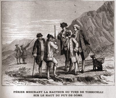 Perrier som måler høyden på barometeret (kvikksølvrør) av Evangelista Torricelli eller Torricelli på toppen av Puy-de-Dôme 20. september 1618, gravering fra 1800-tallet, Bianchetti-samlingen. av Unknown artist