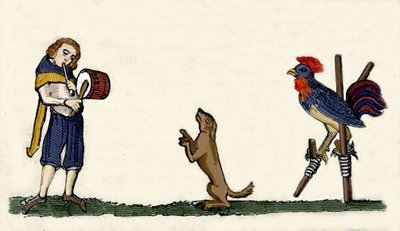 Kjæledyr trent: en hund og en hane danser på stillbilder til trommerytmen. Gravering fra et manuskript fra 1344 fra Bodleian-biblioteket i Oxford. av Unknown artist