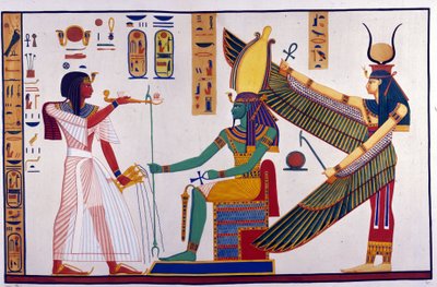 Farao Ramses IV gir tilbud til Ptah-Sokari-Osiris. Bak Osiris er Isis. (Bibah-el-Moluks grav) - i "" Monumenter av Egypt og Øvre Nubia"" av Ippolito Rosellini (Rossellini). av Unknown artist