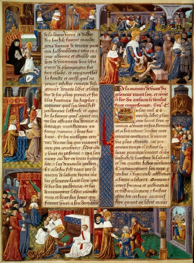 Piete-scene: "" Kong Ludvig IX (1214-1270) (Saint Louis) vasker føttene til de fattige, kongen ber og scener med kristen veldedighet fra kongen"" Miniatyr fra et manuskript "" The Book of Facts of Monsignor Saint Louis”” 1400-tallet. Paris, B.N av Unknown artist
