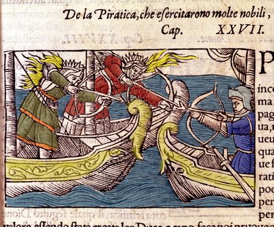 Piratkopiering ble praktisert av mange skandinaviske adelige kvinner. Gravering fra "Historia de gentium septentrionalium" av Olaus Magnus, Venezia 1567. av Unknown artist