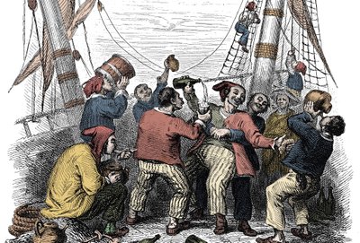 Pirater som feirer fangsten av et rikt bytte etter angrepet av et fiendtlig skip. Gravering av 1800-tallet av Unknown artist