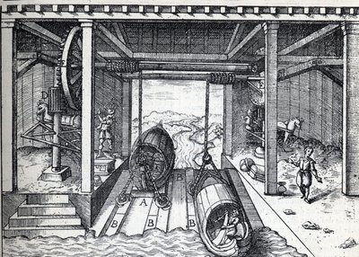 Planlegg stigning for båter på 1500-tallet på lagunene til Brenta (elven) i Nord-Italia. Gravering i "" La Nature"" av Unknown artist