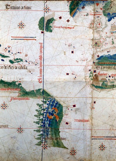 Planisphere of Cantino: Kart over Alberto Cantino fra 1502 som representerer grenselinjen pålagt av Tordesillas-traktaten (1494) mellom portugisisk og spansk Amerika. Biblioteca Estense. Modena av Unknown artist