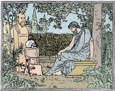 Plato meditating on immortality before Socrates, the butterfly, skull, and poppy about 400 BC - Plato meditant on immortalite before Socrates, a butterfly, a skull, and a poppy around 400 BC engraving of the 19th century av Unknown artist