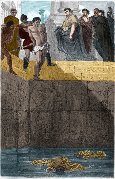 Pollion Vedius, romersk gastronom, kjent for sin grusomhet mot slavene sine. For å fange dem, ville han kaste dem levende til murene sine. En dag spiste Augustus (Caius Octavius Thurinus) hjemme hos ham, så han lagde et slaveutfelling, skyldig i å ha brutt av Unknown artist