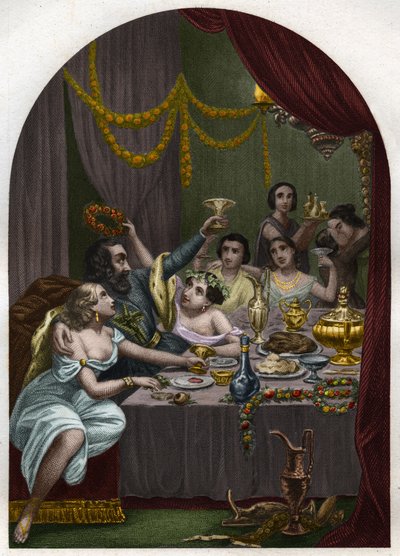 Pope Alexander VI (1431-1503) (Alessandro, Rodrigo Borgia) Rodrigue Borgia celebrates the marriage of his daughter Lucrece Borgia (Lucrezia) with 50 courtesans in the Vatican. Engraving from 1842 in “Histoire des popes: crimes, murders, poisonings, parrici av Unknown artist