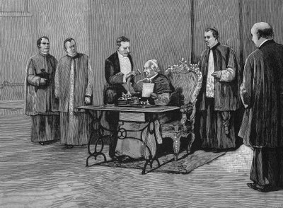 Pave Leon XIII (1810-1903) sender sitt budskap om jubileet, innspilt med fonograf, til det amerikanske folket. Gravering 1800-tallet. av Unknown artist