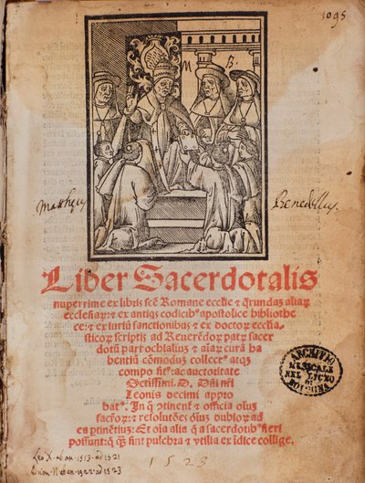 Pave Leon X mottar boken Frontispice of the liturgy book "Liber Sacerdotalis"" av Castellini av Unknown artist