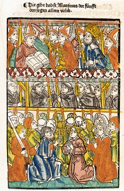 Pave Martin V (1368 - 1431) valgt ved konsilet i Konstanz (1417) ved å avslutte det store skismaet i Vesten utfører velsignelsen. «Das concilium» av Unknown artist