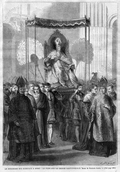 Pave Pius IX (1835-1914) om sedia gestatoria - Palmesøndag i Roma: Pave Pius IX (Pius Pio 9) på gestatorisk stol - tegning av Gustave Janet - The Illustrative Diary of 1868 av Unknown artist