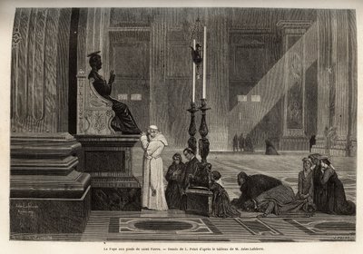 Pave Pius IX (pio 9) (1792-1878) samlet ved foten av statuen av St. Peter, ved inngangen til basilikaen, i Vatikanet. Gravering for å illustrere Roma-historien, av Francis Wey, i 1864-1868, utgitt i "" le tour du monde", redigert av D
