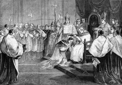 Pave Pius IX overleverte kardinalhatten til prins Lucien Bonaparte i 1868. av Unknown artist