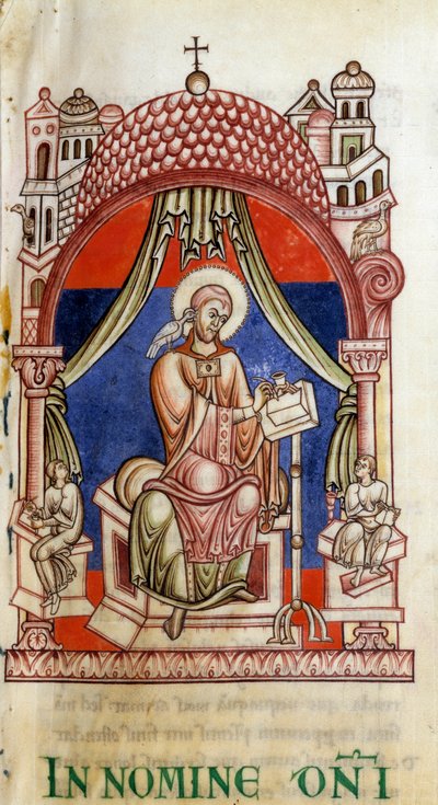 Pave St. Gregoire I den store (540-604) omringet av to sekretærer. Han er skrevet representant med en due på skulderen, symbol på Den Hellige Ånd (Hellige Ånd). Miniatyr av bokstavene til Saint Gregoire av Unknown artist