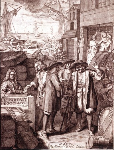 Havnehandlere snakker med hverandre. 1800-talls gravering. av Unknown artist