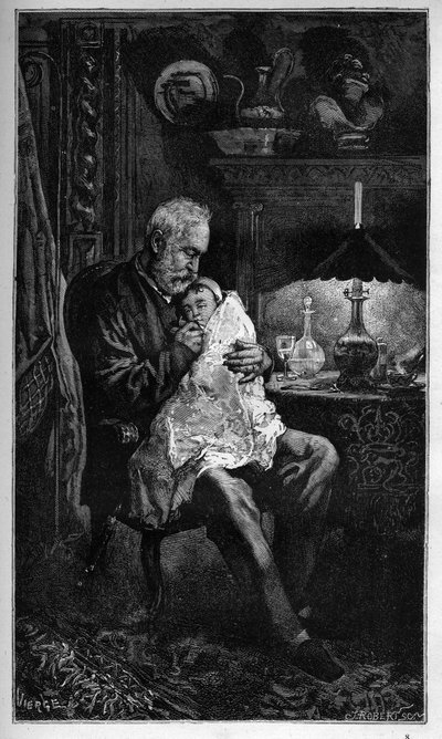 Portrett av Victor Hugo, sittende med barnebarnet Jeanne - gravering fra "" Det forferdelige året"" ("Det forferdelige året") - Hugo et l
