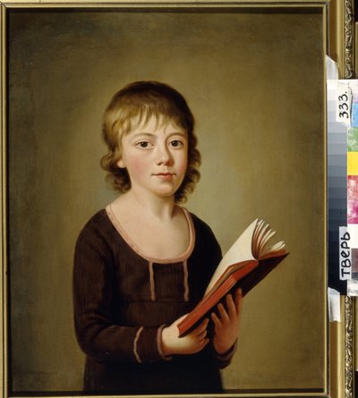 Portrett av grev Pyotr Alekseevich Galitzine (Golitsyn) (Portrett av greven Pyotr Alekseevich Golitsyn). Ung tenåring holder en åpen bok i hendene. Anonymt maleri, olje på lerret, tidlig 1800-tall. Regionalt kunstgalleri, Tver (Russland) av Unknown artist